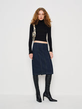 soren super stretch denim midi skirt