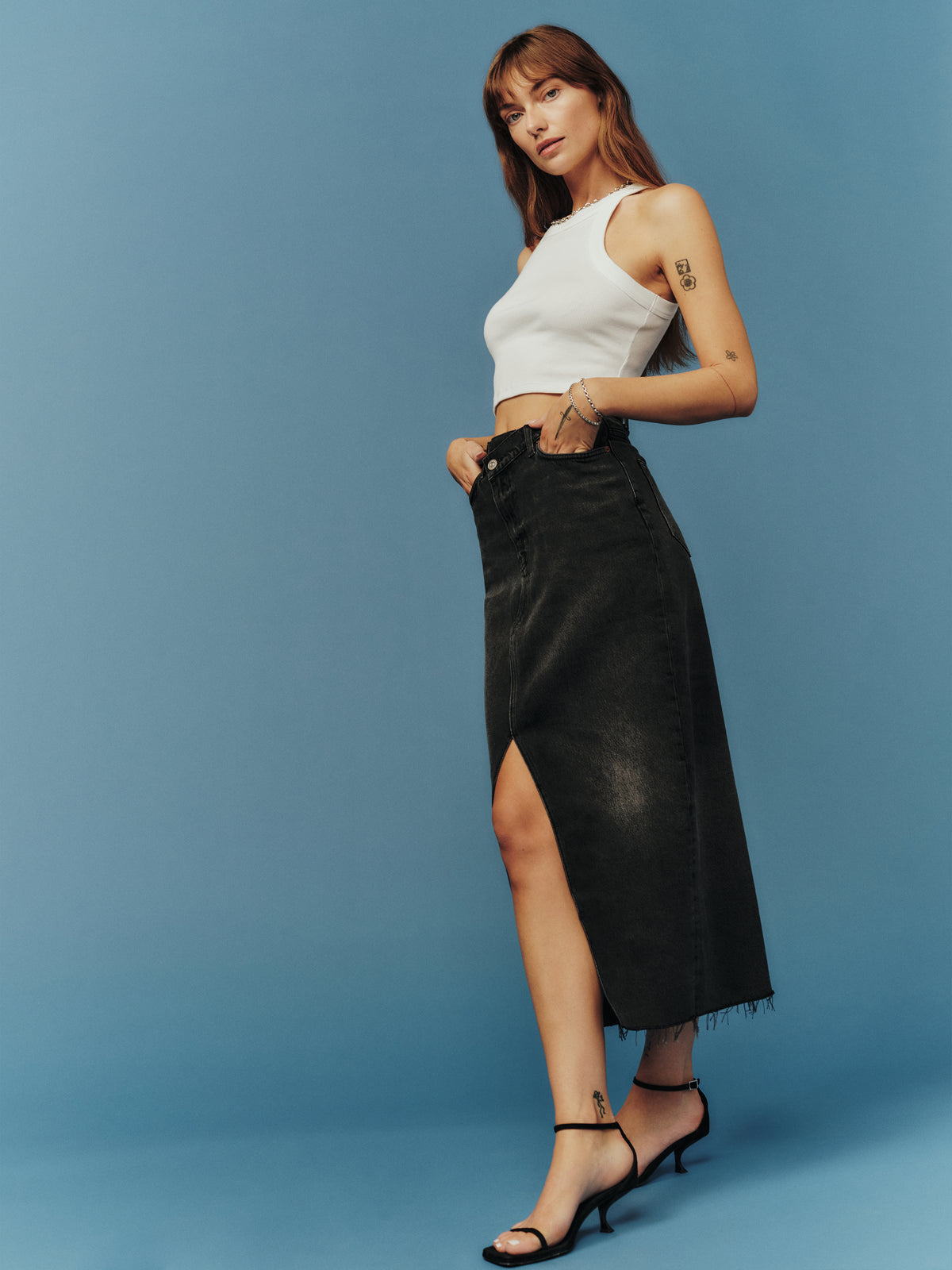 nila long denim skirt