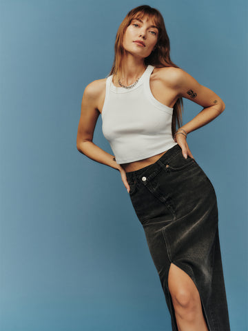 nila long denim skirt