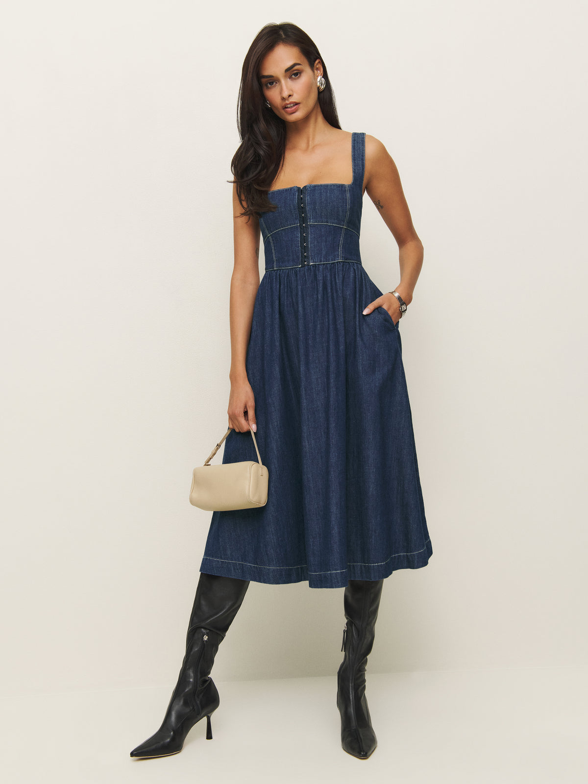 tagliatelle denim midi dress