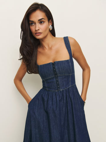 tagliatelle denim midi dress