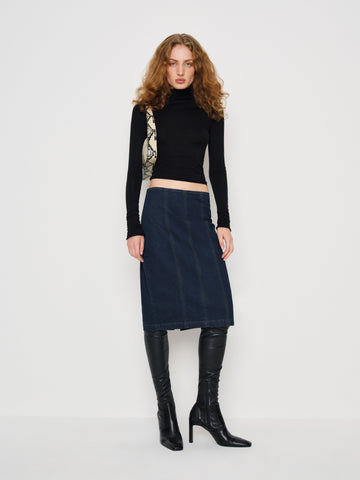 soren super stretch denim midi skirt