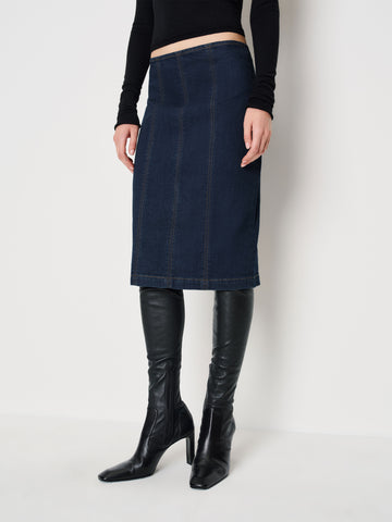 soren super stretch denim midi skirt