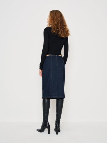 soren super stretch denim midi skirt
